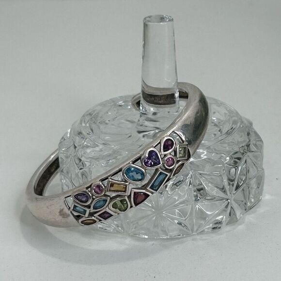 925 Sterling Silver Cuff Bracelet Women's Multicolor Multi Gemstone Crystals - Picture 1 of 5